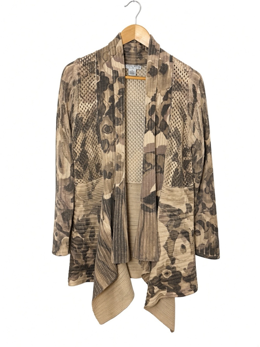 Alberto Makali Wool Blend Mesh Open Front Cardigan M Beige Brown Abstract Floral